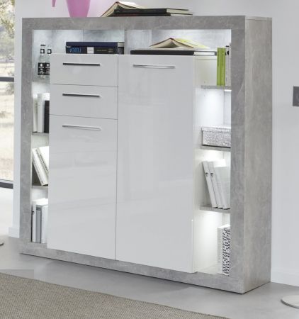 Kommode Rock in wei Hochglanz und Stone Design grau Highboard 121 x 128 cm