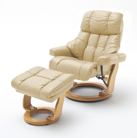 Relaxsessel Calgary XXL in Creme Leder und Natur mit Hocker Funktionssessel bis 180 kg Schlafsessel Fernsehsessel