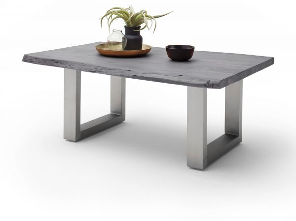 Couchtisch Cartagena in Akazie massiv grau lackiert Beistelltisch mit Edelstahl 110 x 70 cm Kufentisch