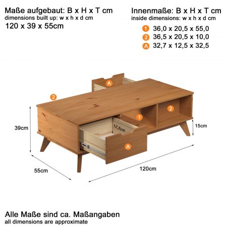 Couchtisch Scandik in Massivholz Kiefer honigfarben lackiert Beistelltisch mit 2 x Schubkasten 120 x 55 cm