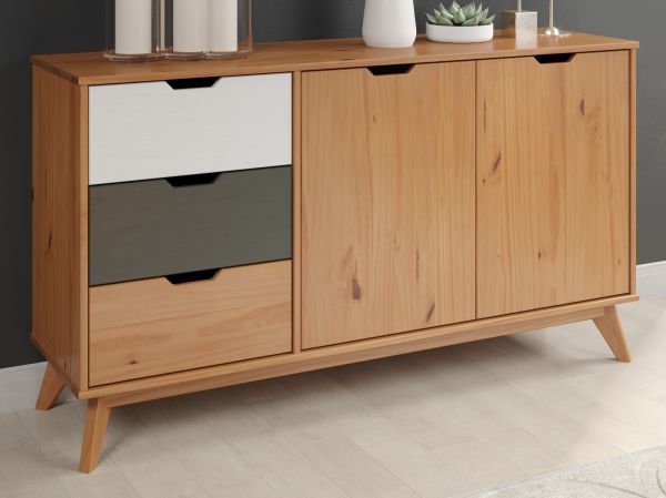 Sideboard Scandik in Massivholz Kiefer honigfarben lackiert mit wei und grau Kommode 140 x 79 cm