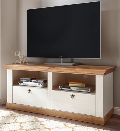 TV-Lowboard Hemsby in wei Pinie und Eiche Wotan Landhaus TV Unterteil mit Komforthhe 152 x 64 cm