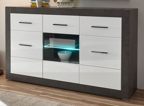 Sideboard Briard in wei Hochglanz und grau Stone Wohn- und Esszimmer Kommode 164 x 97 cm