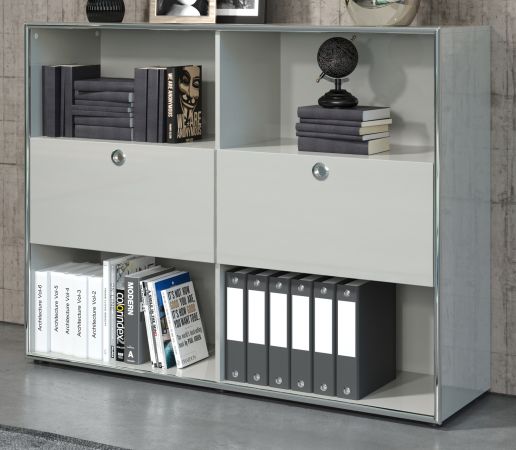 Akten Highboard Infinity in grau Hochglanz Lack aus Italien Aktenschrank mit Chromrahmen 147 x 113 cm