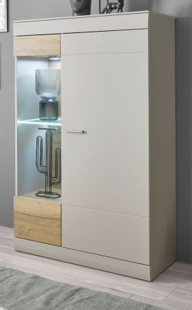 Vitrine Griego in Kieselgrau matt und Zinneiche Wohn- und Esszimmer Vitrinenschrank halbhoch 90 x 139 cm