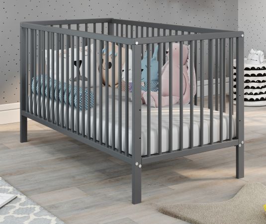 Babyzimmer Babybett Universal in Massivholz grau matt Lack Gitterbett mit Schlupfsprossen und Lattenrost Liegeflche 70 x 140 cm