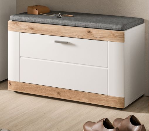 Garderobe Sitzbank Laredo in wei matt und Nox Eiche Landhaus Garderobenbank 80 x 47 cm