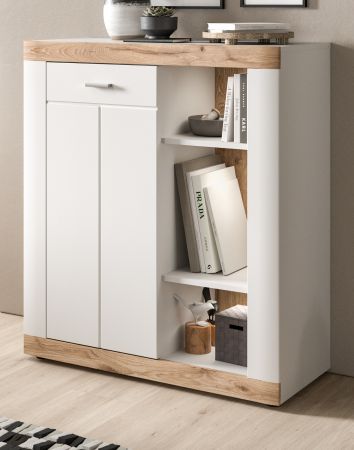 Kommode Laredo in wei matt und Nox Eiche Landhaus Wohn- und Esszimmer Highboard 91 x 104 cm