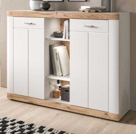 Sideboard Laredo in wei matt und Nox Eiche Landhaus Wohn- und Esszimmer Kommode 131 x 104 cm