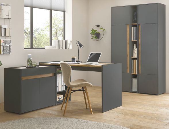 Brombel komplett Set Center in grau matt und Wotan Eiche mit Schreibtisch, Kommode und Aktenschrank fr Homeoffice