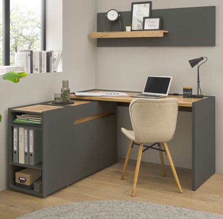 Brombel Set Center in grau matt und Wotan Eiche mit Schreibtisch, Kommode und 2 x Regal fr Homeoffice