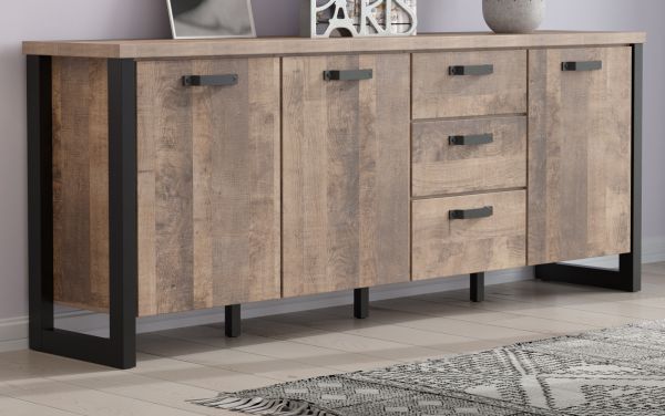 Sideboard Emile in Eiche Tabak und schwarz Wohn- und Esszimmer Kommode 214 x 86 cm