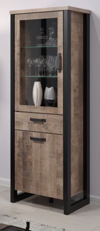 Vitrine Emile in Eiche Tabak und schwarz Wohn- und Esszimmer Vitrinenschrank 70 x 195 cm