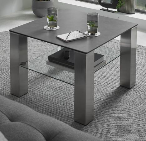 Couchtisch Puno in Keramik anthrazit und Edelstahl Beistelltisch mit Ablage quadratisch 60 x 60 cm