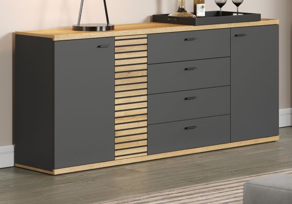 Sideboard Norris in grau und Evoke Eiche Wohn- und Esszimmer Kommode mit Soft-Close 186 cm