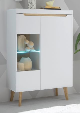 Highboard Isgard in wei matt und Scandi Eiche Vitrine skandinavisch 90 x 134 cm