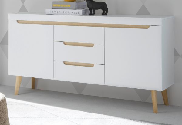 Sideboard Isgard in wei matt und Scandi Eiche Kommode skandinavisch 160 x 83 cm