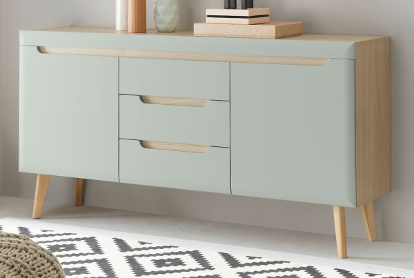 Sideboard Isgard in Pistazie matt und Scandi Eiche Kommode skandinavisch 160 x 83 cm