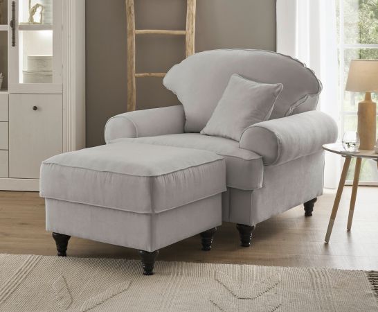 Sessel Set Adelina in hellgrau Landhaus Loungesessel inklusive Hocker