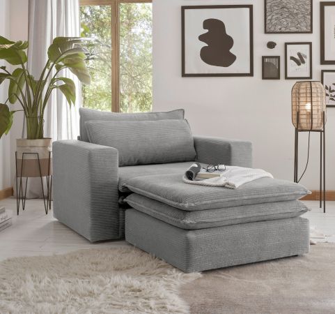 Loveseat Sessel Set Pesaro in hellgrau Cord Couch Loungesessel inklusive Hocker