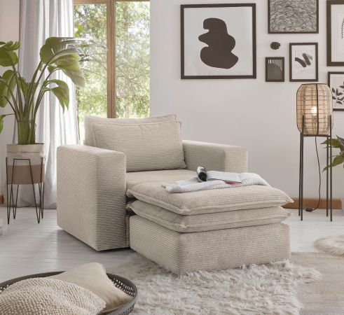 Sessel Set Pesaro in beige Cord Couch Loungesessel inklusive Hocker