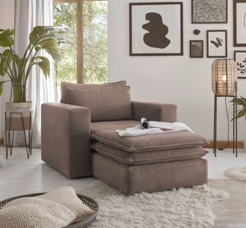 Sessel Set Pesaro in braun Cord Couch Loungesessel inklusive Hocker