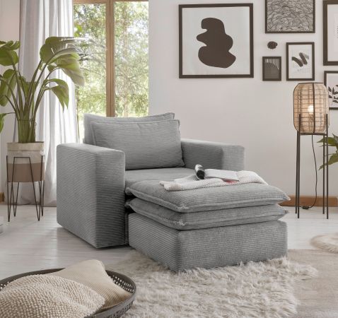 Sessel Set Pesaro in hellgrau Cord Couch Loungesessel inklusive Hocker