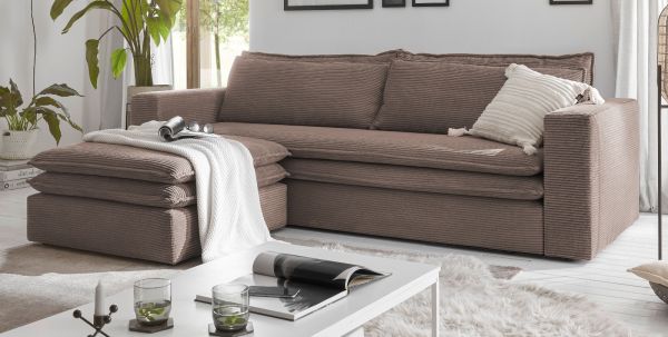 Sofa Set Pesaro in braun Cord Couch 3-Sitzer mit Bettfunktion inklusive Hocker