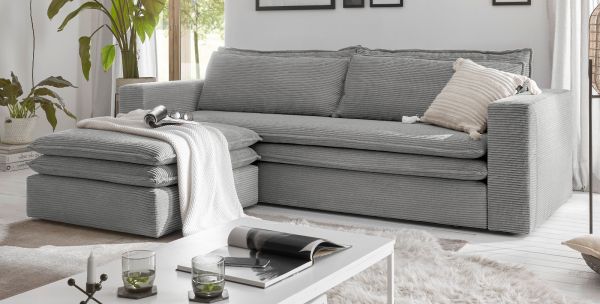 Sofa Set Pesaro in hellgrau Cord Couch 3-Sitzer mit Bettfunktion inklusive Hocker