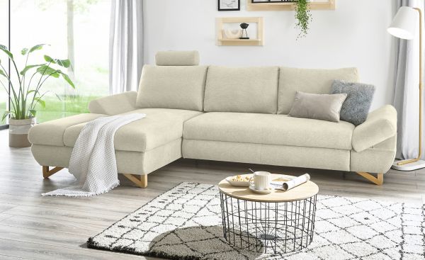 Ecksofa Skalm in beige Struktur-Stoff Sofa mit Bettfunktion und Stauraum 284 cm