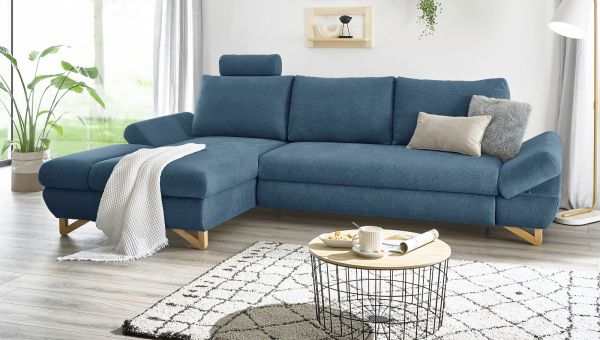 Ecksofa Skalm in blau Struktur-Stoff Sofa mit Bettfunktion und Stauraum 284 cm