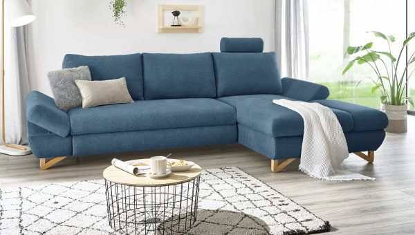 Ecksofa Skalm in blau Struktur-Stoff Sofa mit Bettfunktion und Stauraum 284 cm