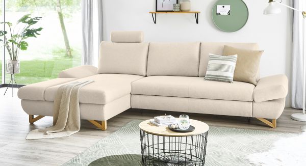 Ecksofa Skalm in creme Velours Sofa mit Bettfunktion und Stauraum 284 cm