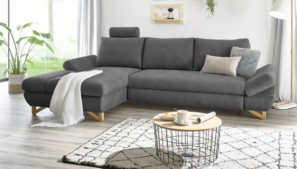 Ecksofa Skalm in grau Struktur-Stoff Sofa mit Bettfunktion und Stauraum 284 cm