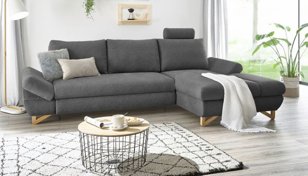 Ecksofa Skalm in grau Struktur-Stoff Sofa mit Bettfunktion und Stauraum 284 cm