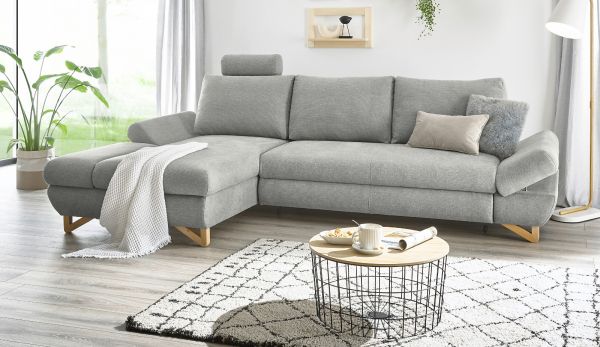 Ecksofa Skalm in hellgrau Struktur-Stoff Sofa mit Bettfunktion und Stauraum 284 cm