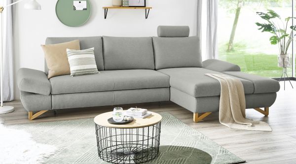 Ecksofa Skalm in hellgrau Velours Sofa mit Bettfunktion und Stauraum 284 cm