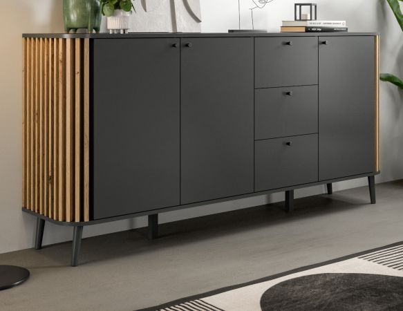 Sideboard Pure in grau und Artisan Eiche mit 3D-Lamellen Wohn- und Esszimmer Kommode 177 cm