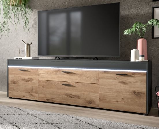 TV-Lowboard Danio in grau und Viking Eiche TV Unterteil mit LED Beleuchtung inklusive 185 cm