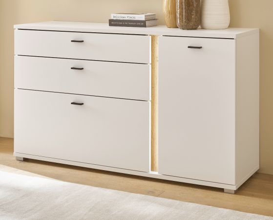 Sideboard Bellport in wei matt und Wotan Eiche Kommode inklusive Frontbeleuchtung 150 cm