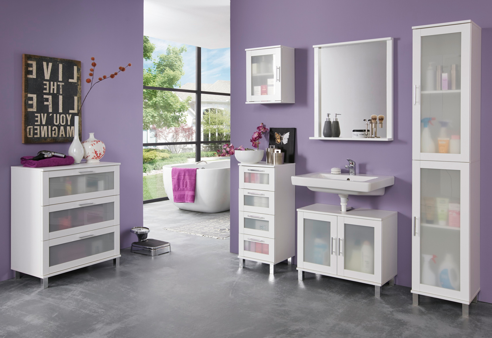 Badezimmer Badmbel Set 6teilig Florida wei und Glas satiniert inkl  Badschrank Kommode